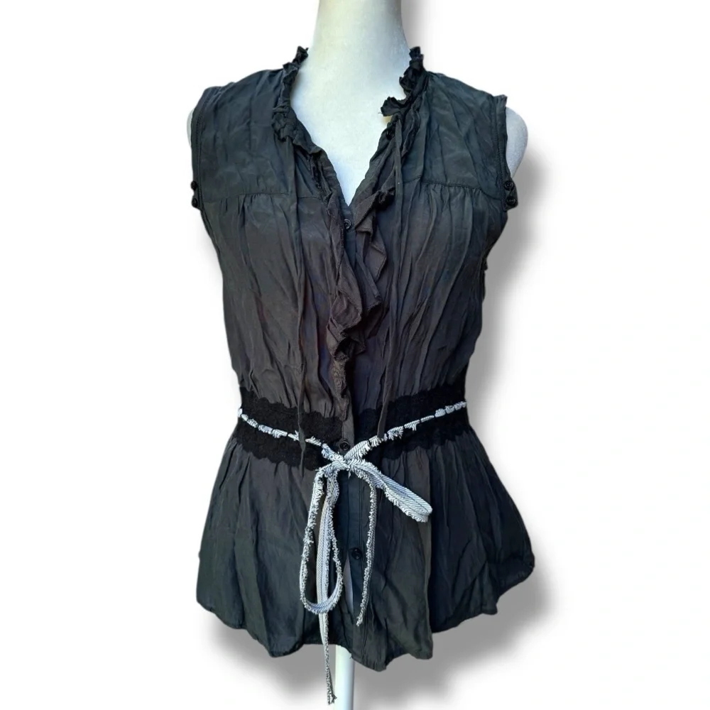 Free People Forest Green Ruffle Sleeveless Blouse With Tie Waist | Size Small